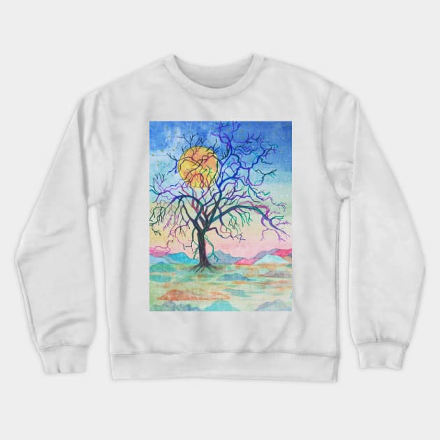 Rainbow tree landscape painting with a golden moon Crewneck Sweatshirt by esvb